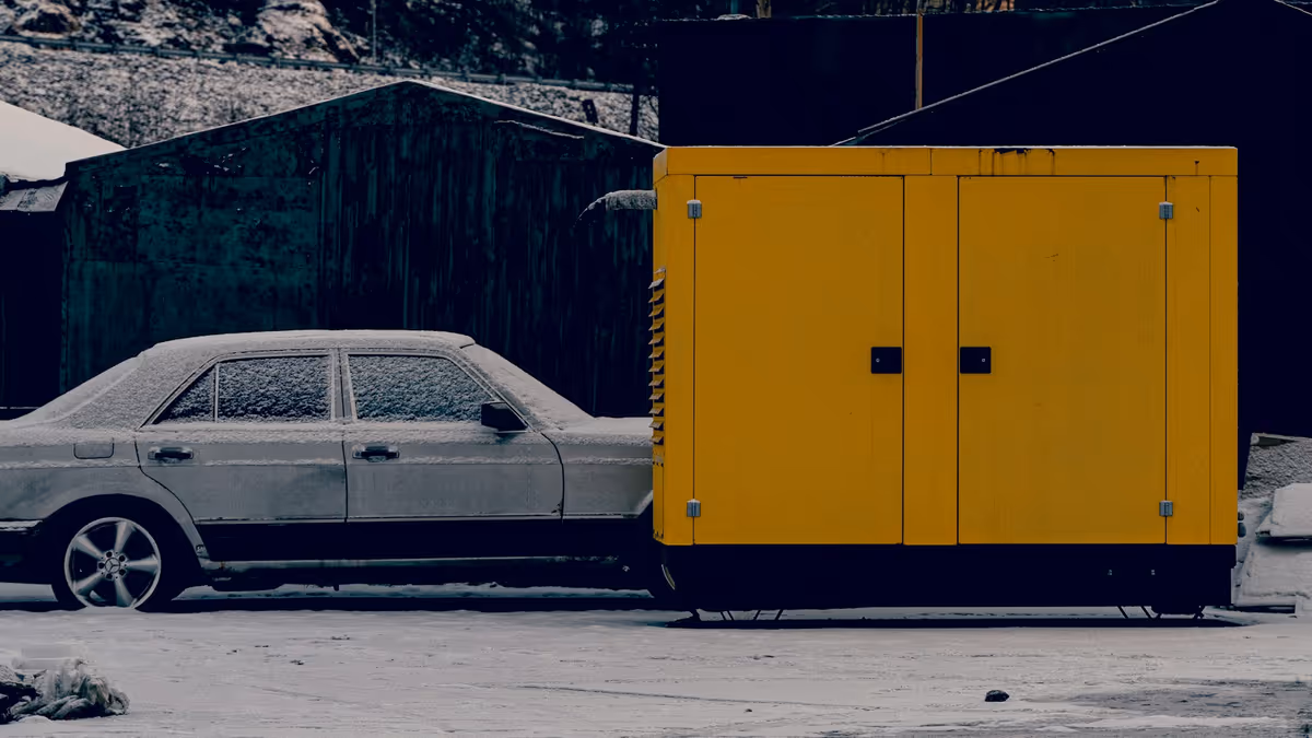 Generador amarillo junto a un automóvil y una construcción exterior