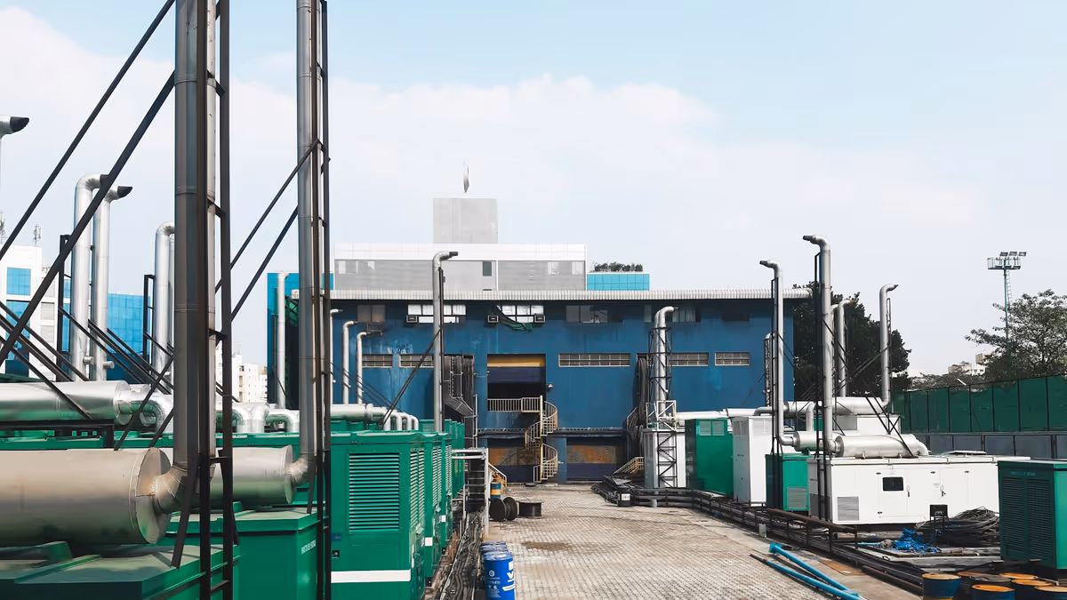 Generadores eléctricos junto a una construcción industrial al aire libre