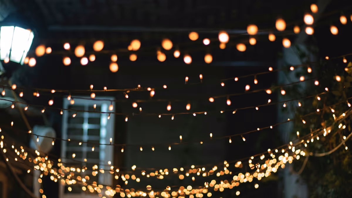 Guirnaldas amarillas encendidas durante una fiesta nocturna en jardín