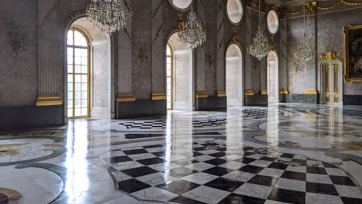 Salón con piso de mármol a cuadros y candelabros, ejemplo de superficie delicada