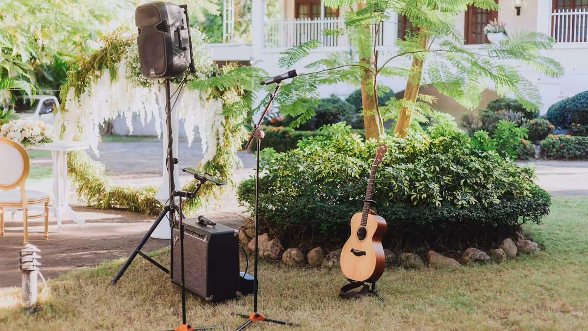 Guitarra y altavoz instalados sobre hierba para celebración exterior