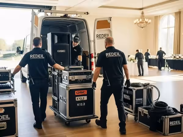 Descarga de equipo QSC K12 en salón de boda
