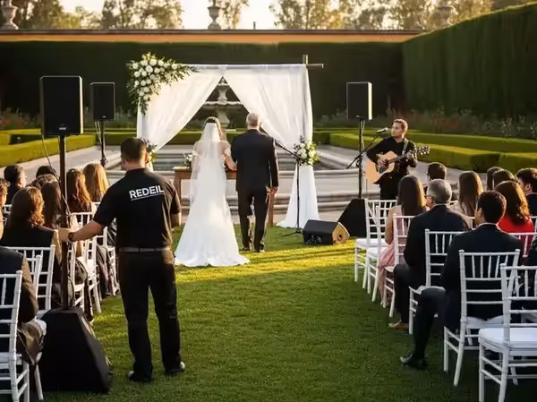 Músico y bocinas instalados para la ceremonia de boda al aire libre