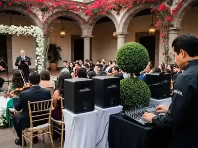 Bocinas colocadas bajo los arcos de una hacienda para la ceremonia