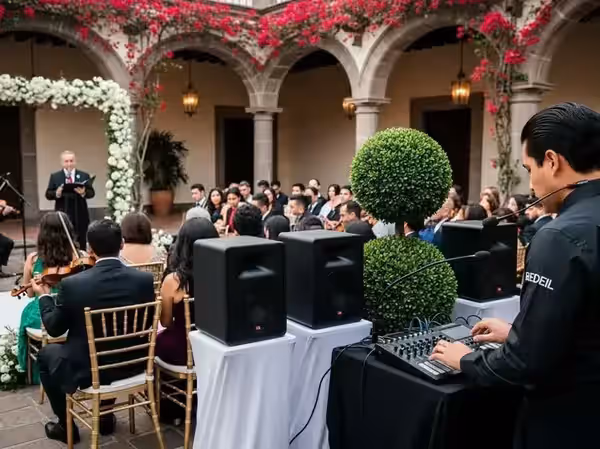 Bocinas montadas bajo los arcos de una hacienda para la ceremonia de boda