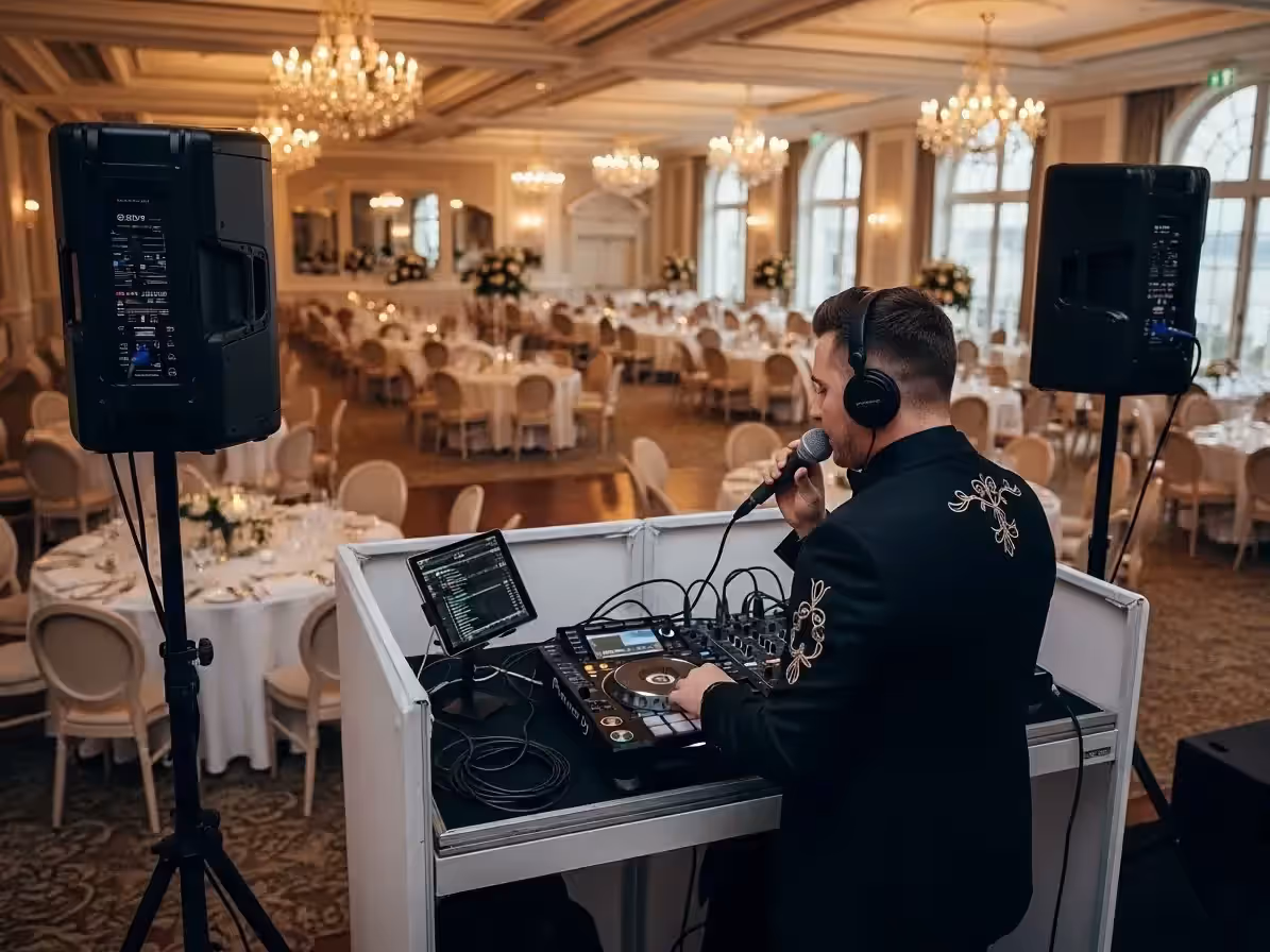 DJ profesional con tocadiscos de vinilo en set de producción