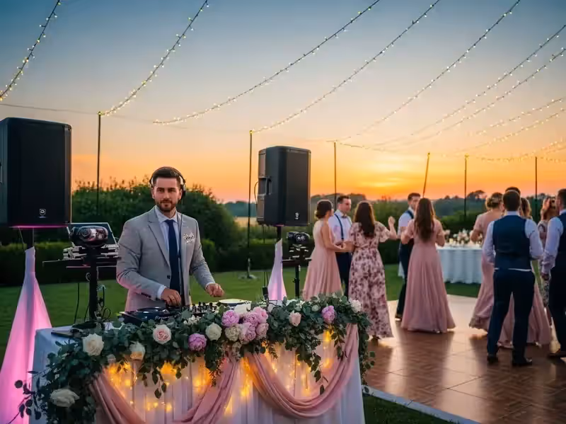 DJ profesional animando fiesta privada con cabina y pista iluminada
