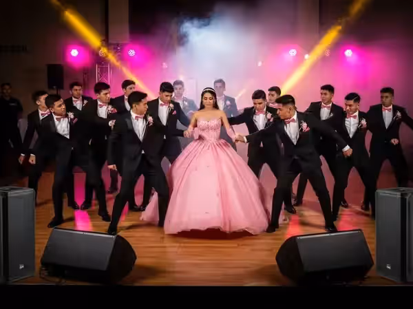 Coreografía de XV años con chambelanes y audio profesional en escenario