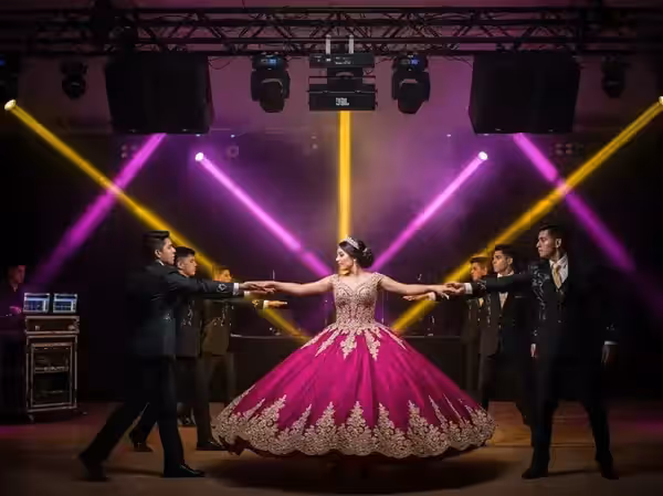 Coreografía de chambelanes con vestido magenta y bocinas JBL