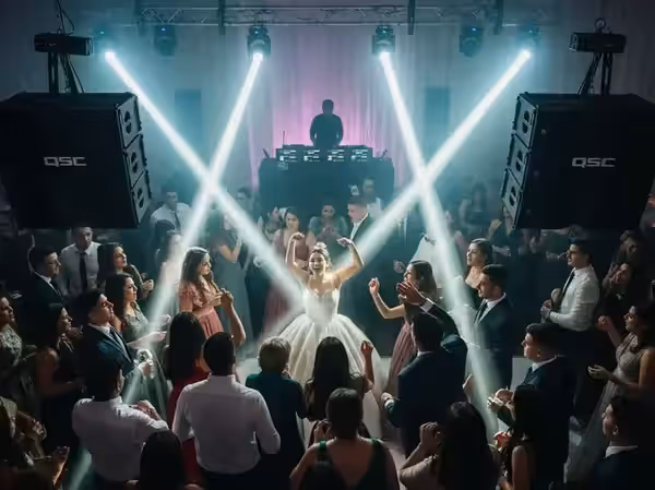 Fiesta de XV años con bocinas line array QSC junto a una cabina de DJ