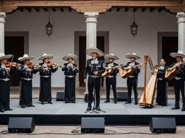 Serenata de mariachi con monitores de audio en hacienda