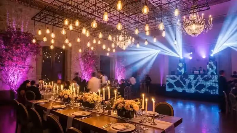 Boda en salón colonial con guirnaldas y cabina de DJ