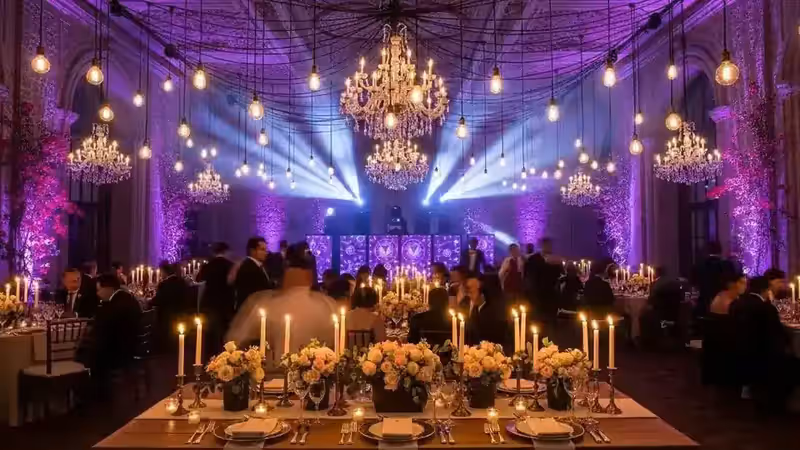 Salón de fiestas con iluminación profesional de colores sobre la pista de baile