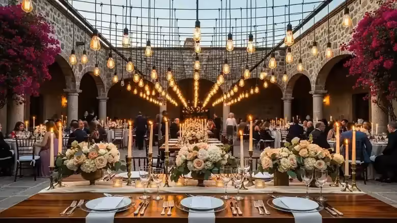 Guirnaldas sobre mesa imperial en boda de jardín