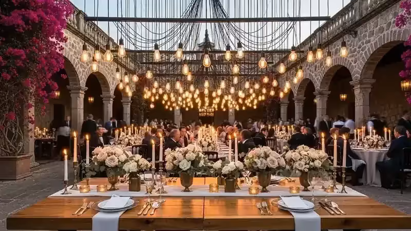 Guirnaldas de focos Edison iluminando boda en hacienda colonial