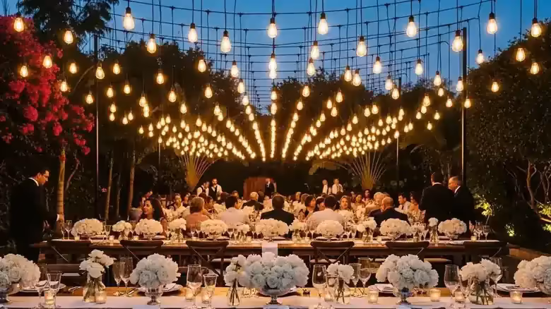 Guirnaldas vintage iluminando un jardín para boda en el sur de la Ciudad de México