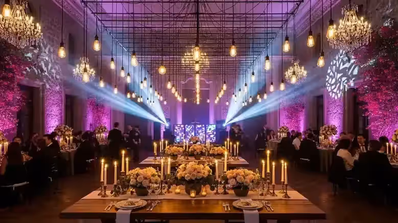 Iluminación completa en boda elegante dentro de hacienda