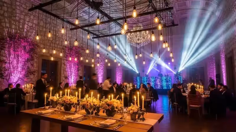 Recepción de boda con guirnaldas en hacienda elegante