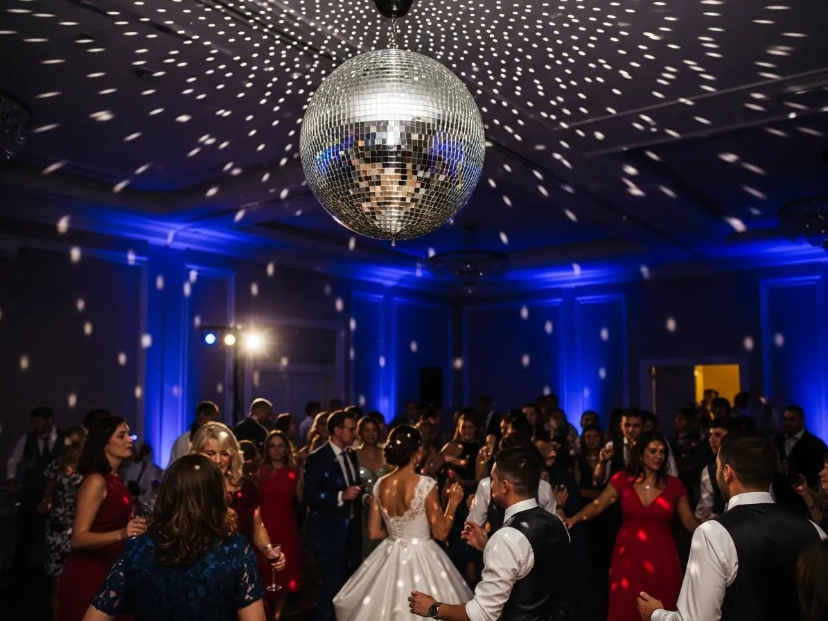 Bola disco para fiesta tematica anos 70 con luces de colores