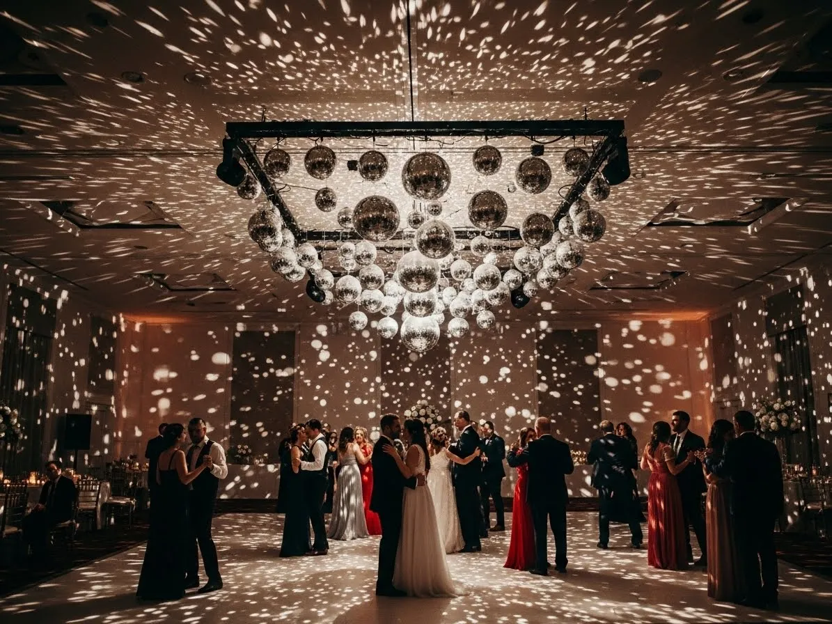 Bola disco gigante sobre pista de baile iluminada