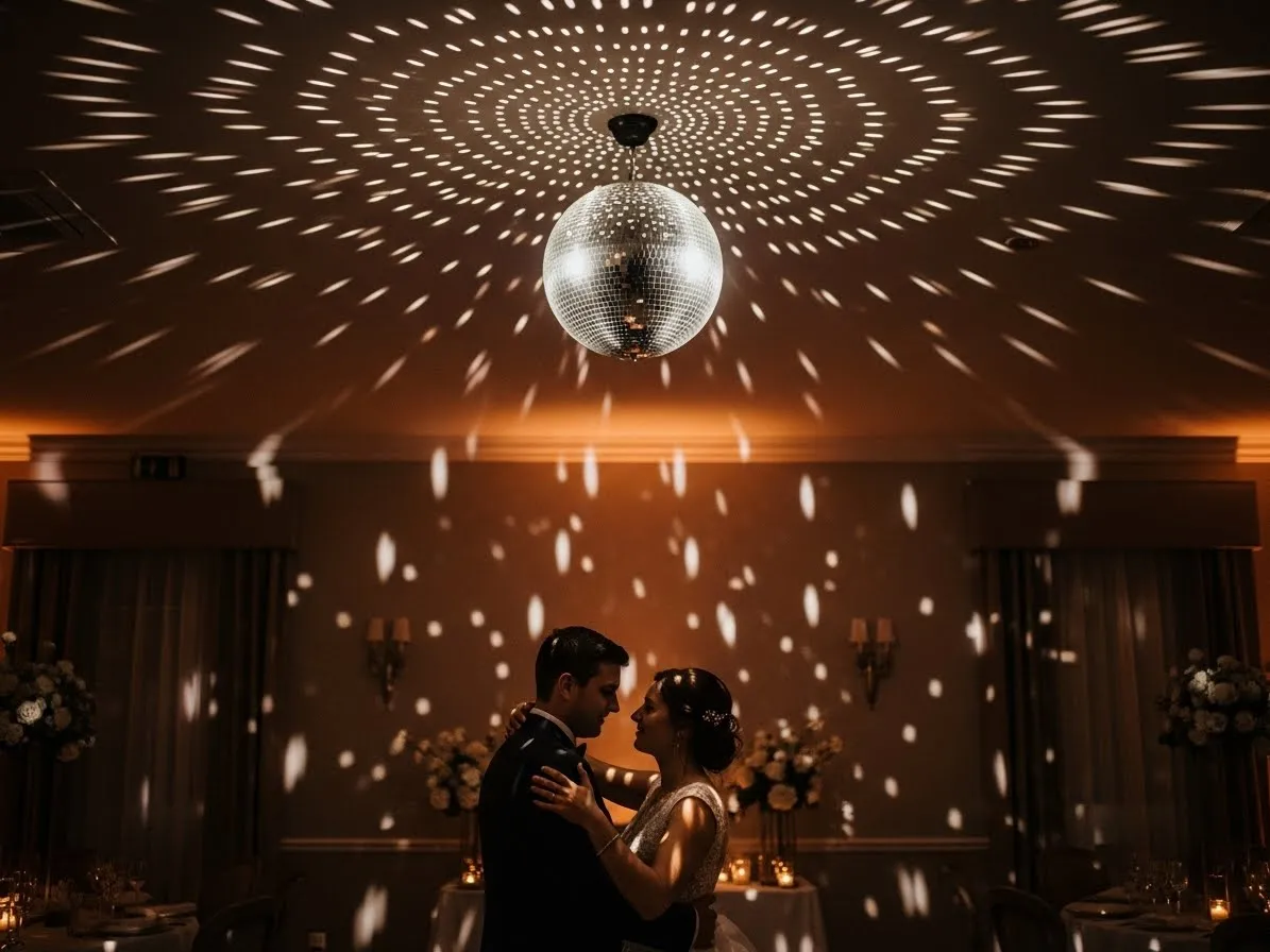 Bola de espejos para primer baile de bodas en salon elegante