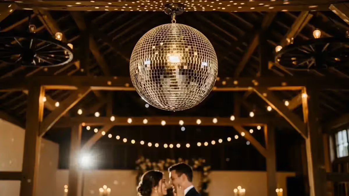 Bola de espejos iluminando el primer baile de novios