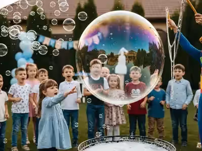 Máquina de burbujas gigantes en fiesta de cumpleaños para niños