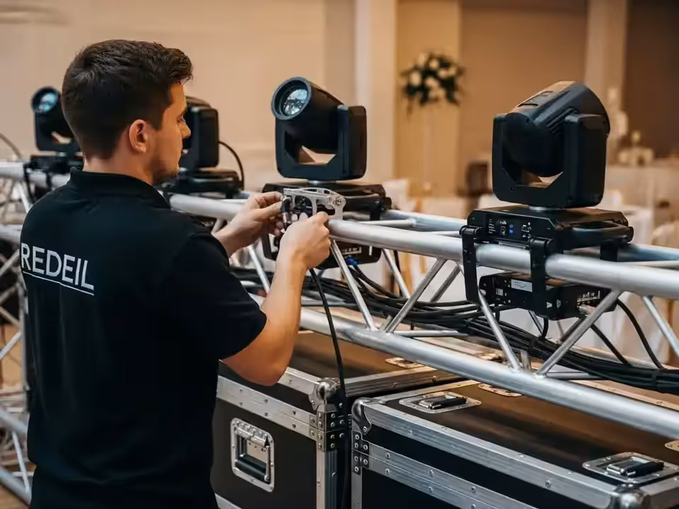 Salón de boda con iluminación profesional completa — cabezas móviles, PAR LED y cascadas