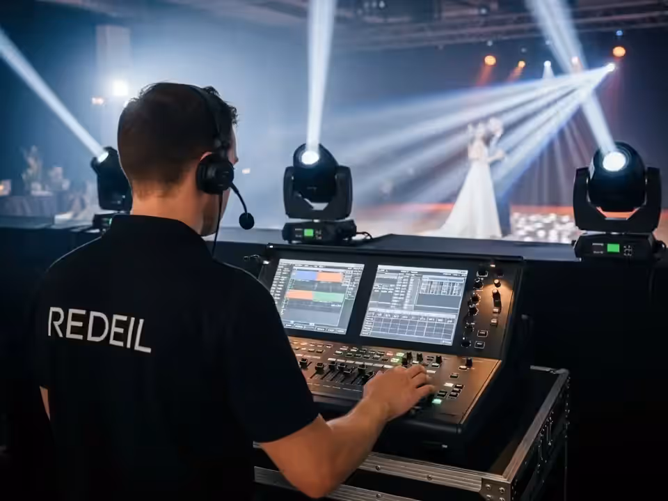 Operador de consola DMX coordinando el show en boda