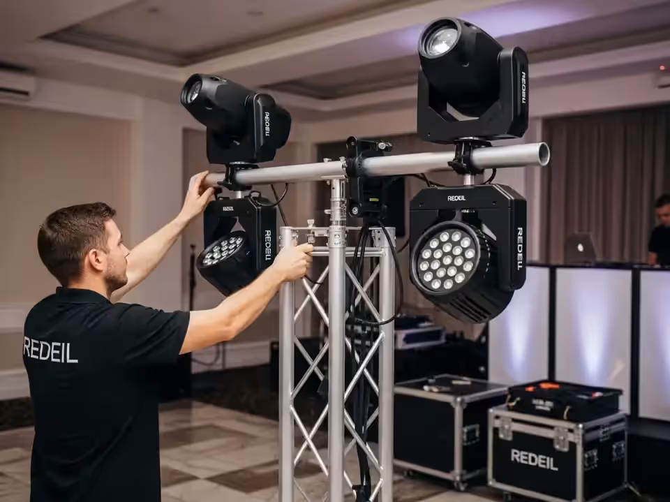 Técnico instalando cabezas móviles sobre totem de piso
