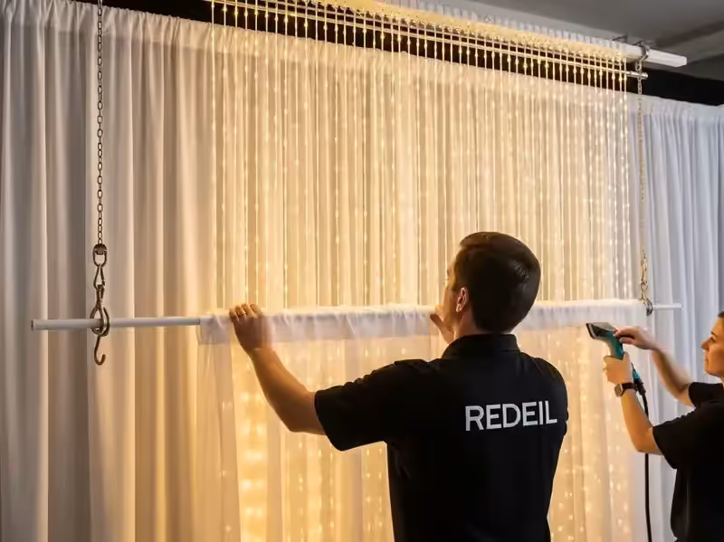 Cortina de luces LED en boda al exterior bajo estructura