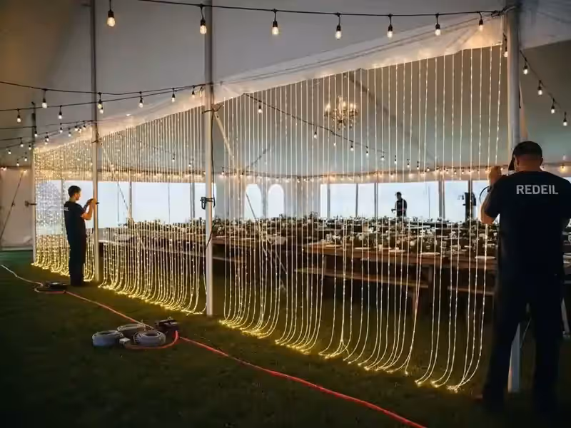 Cortina de luz encendida detrás de la mesa de novios en un salón de CDMX