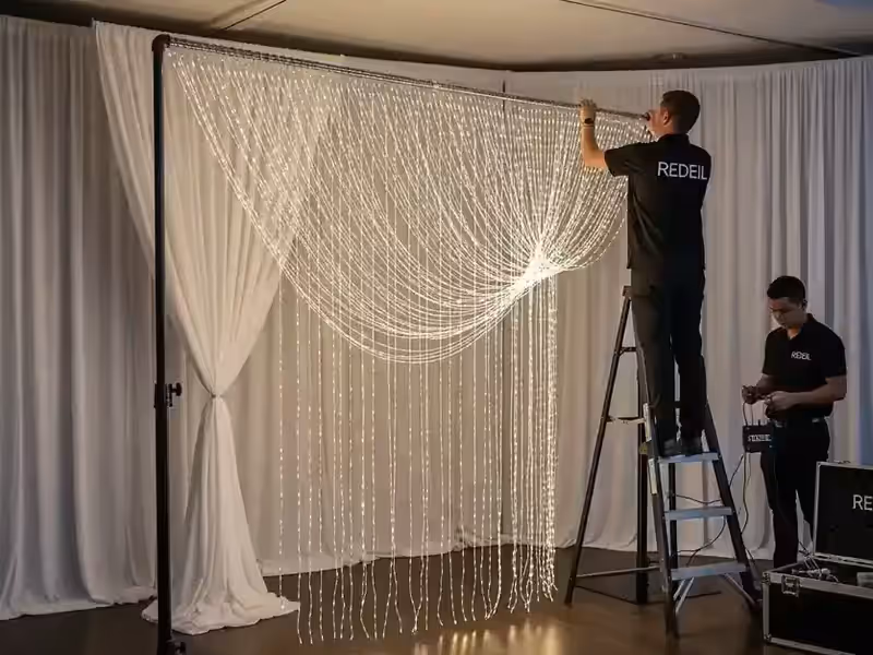 Mesa de novios con arreglo floral al frente y cortina LED de fondo