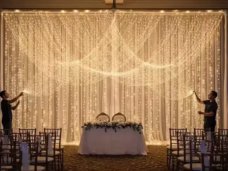Salón a media luz con la cortina LED como única fuente de brillo del fondo