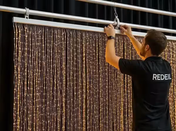 Cuatro cortinas LED cubriendo el lateral completo de un salón de eventos