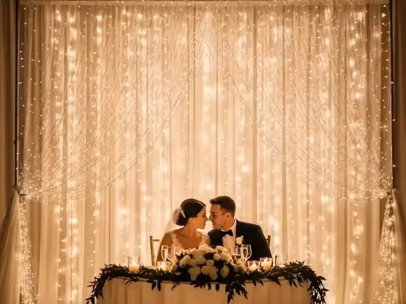 Pareja de novios sentada en la mesa principal con arreglo floral, frente a una cortina de luces cálidas