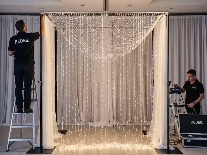 Cortinas de cascada LED ya instaladas en el muro principal de un salón de bodas