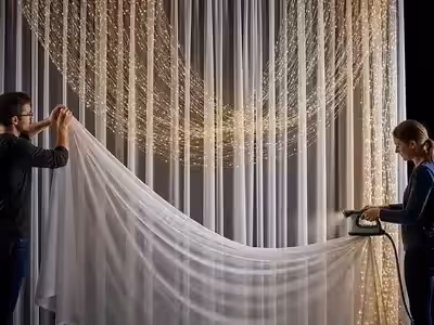 Cortina LED en blanco cálido de tono dorado sobre muro de salón