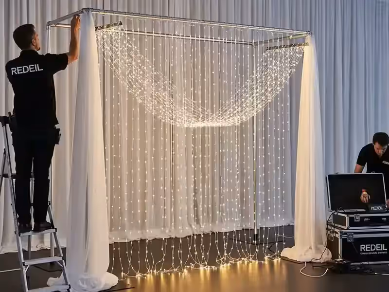 Backdrop amplio de luces LED donde caben varios invitados en el encuadre