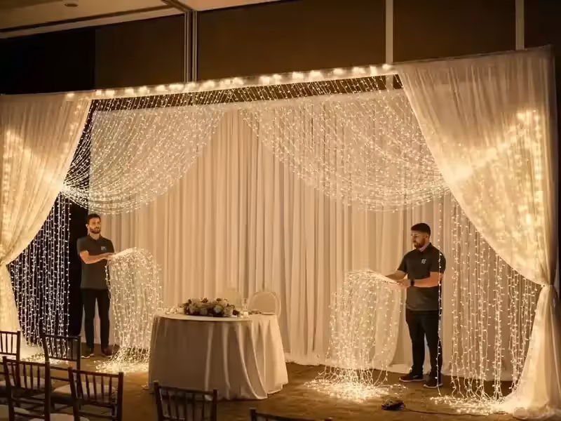 Varias zonas de un salón de eventos iluminadas con ocho cortinas LED sincronizadas