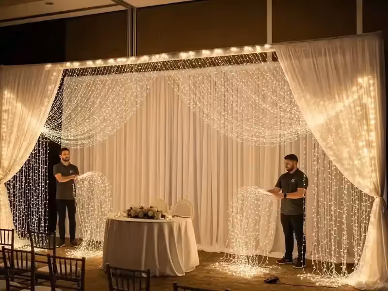 Salón de eventos con varias zonas cubiertas por cortinas de luces LED