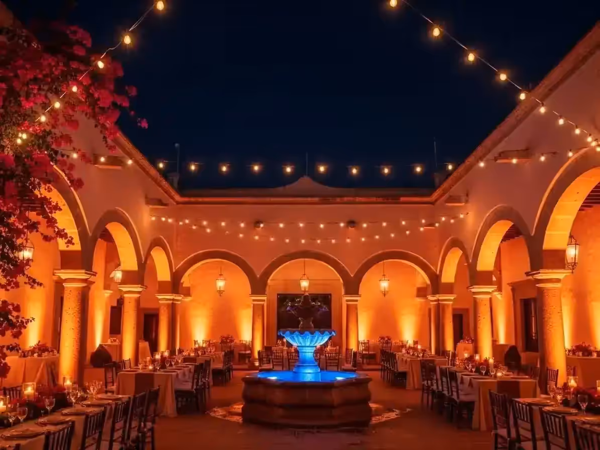 Patio de hacienda colonial con dos zonas de color conviviendo