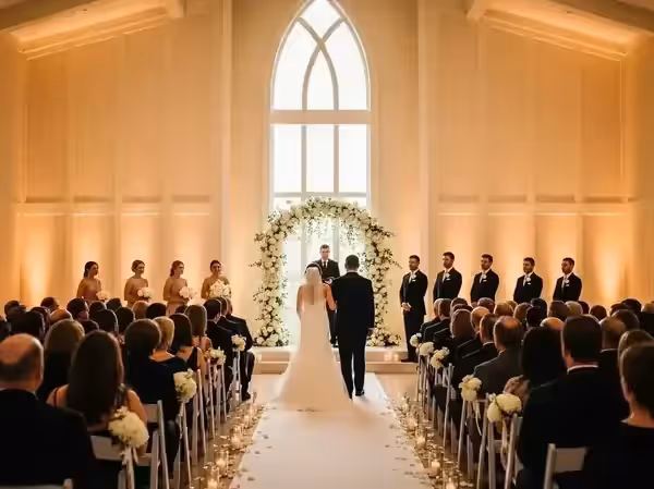 Salón de boda elegante bañado en rosa