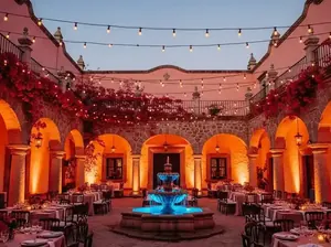 Iluminación City Color en hacienda mexicana con fuente iluminada - Renta de luces para bodas CDMX