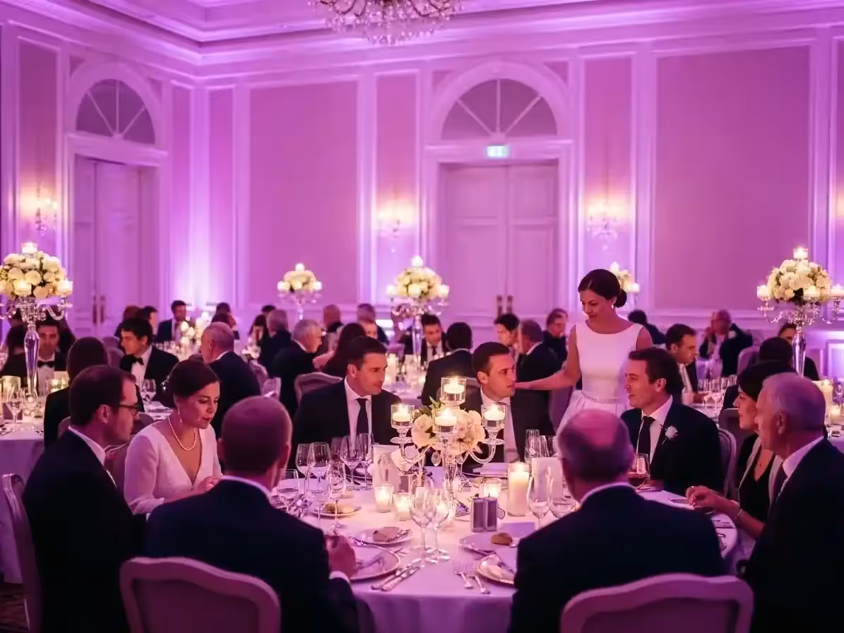 Rincón de salón de gala iluminado en rosa