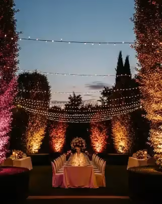 Mesa principal destacada con PAR LED en salón de bodas