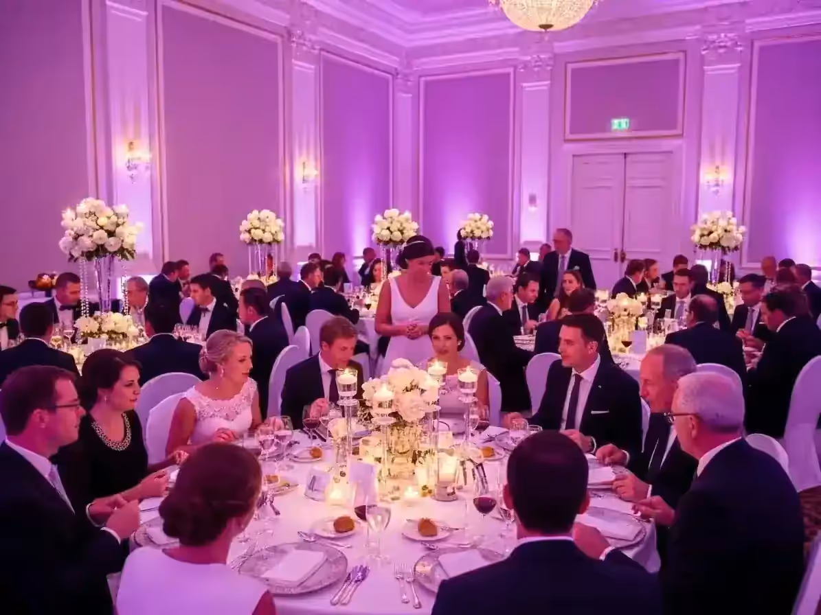 Banquete de boda ambientado en morado