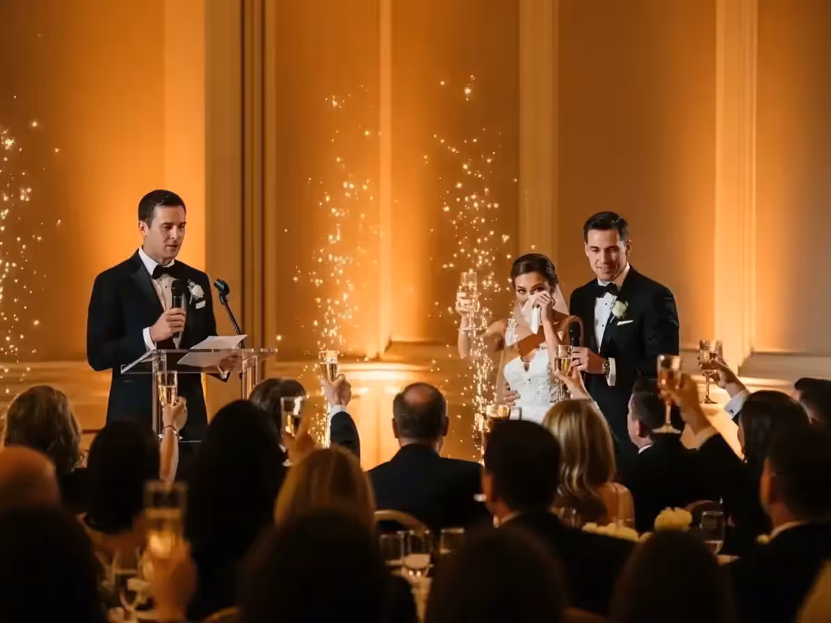 Brindis en la mesa de novios bañada en ámbar