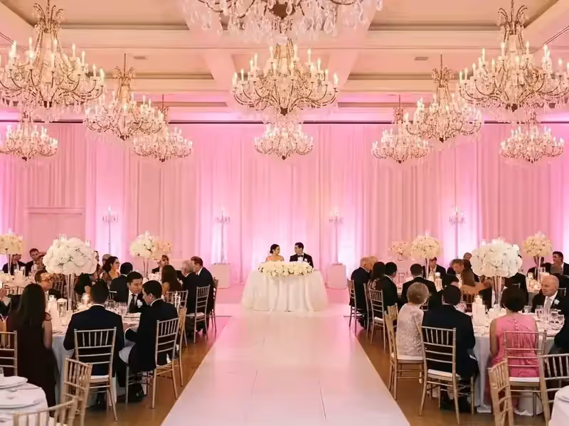 Salón de boda completo vestido en rosa con 16 PAR LED