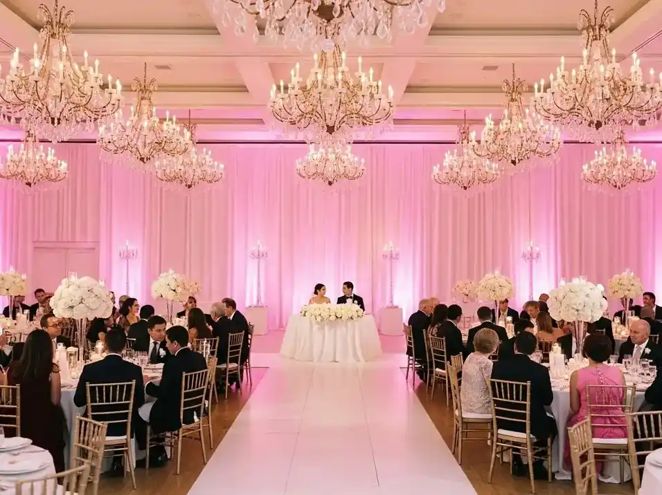Luces para bodas en salon con ambiente rosa elegante